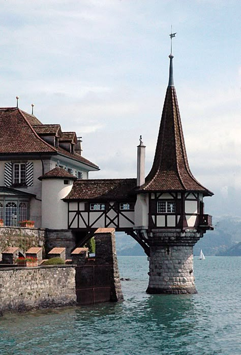 Switzerland German Tudor House Interior, Tavern Reference, Germanic Architecture, Air Kingdom, Quirky Architecture, Weird Architecture, Landscape Practice, Europe Building, Thun Switzerland