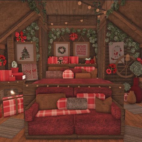 Bloxburg Christmas Cabin Ideas, Bloxburg Cabin Living Room, Winter Cottage Bloxburg, Roblox Bloxburg House Ideas Christmas, Christmas Bloxburg Decor, Bloxburg Christmas Build Ideas, Bloxburg Winter Cottage, Bloxburg Winter Cabin Layout, Christmas Builds Bloxburg