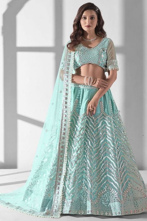 Aqua Blue Embroidered Net Designer Lehenga Choli Indian Ghagra Choli, Indian Ghagra, Gota Patti Lehenga, Faux Mirror, Sequin Lehenga, Gota Patti Work, Bridesmaid Lehenga, Powder Blue Color, Party Wear Lehenga Choli