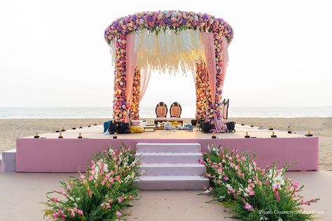 Naina and Suvansh, Goa Indian Wedding Decor Diy, Pink Indian Wedding Decor, Simple Wedding Mandap, Haldi Mandap, Indoor Mandap, Floral Mandap Decor, Mandap Ideas, Floral Mandap, Weddings Decorations Elegant Romantic