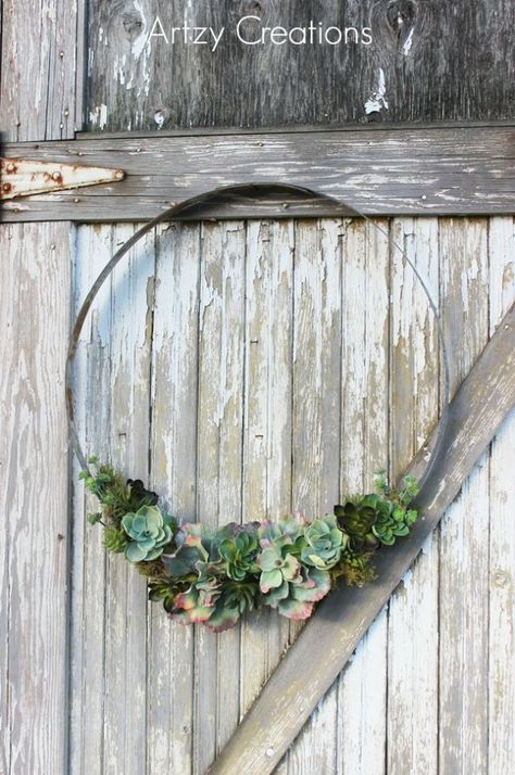 Wine Barrel Wreath- i have one of these! I want to do this!! How cute!! Wine Barrel Garden, Wine Barrel Crafts, Wine Barrel Rings, Barrel Ring, Barrel Projects, Barrel Decor, Door Decorating, Barrel Rings, Succulent Wreath