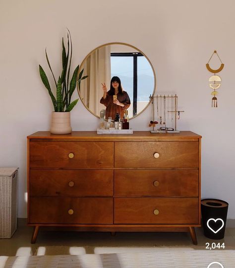 Mirrors On Dressers, Boho Room Dresser, Dresser In Room Ideas, Small Dresser Styling, Dresser With Art Above, Styling Black Furniture, Mirror Next To Dresser, Small Dresser Decor Bedroom, Dresser Top Aesthetic