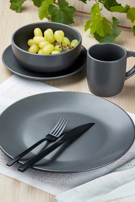 Dinner Sets | 16 Piece Evoke Stoneware Dinner Set - Grey | Bread + Butter Stoneware Dinner Sets, Grey Dinnerware, Dinner Service, Bread Butter, Side Plate, Girl With Sunglasses, Dinner Set, Platform Sandals Heels, Side Plates