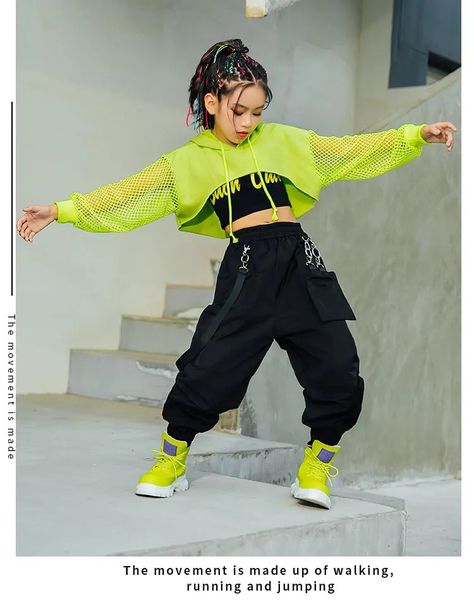 Jazz Costume Hip Hop Girls Clothing Green Tops Net Sleeve Black Hip Hop Pants For Kids Performance Modern Dancing Clothes BL5311 Cool Hip Hop Outfits, Hiphop Dance Outfit, Hip Hop Fashion Women's, Hip Hop Style Outfits, Hip Hop Outfit, Hip Hop Look, Dance Wear Outfits, Hip Hop Wear, Hip Hop Dance Outfits