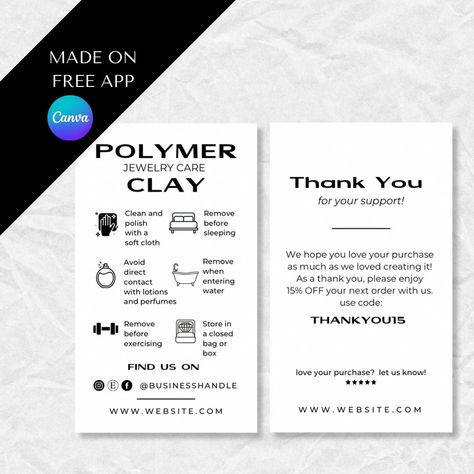 Polymer Clay Jewelry Care Card & Thank You Cards (2in x 3.5in) that are INSTANTLY customizable via Canva (FREE APP). Print them as they are or customize them according to your taste. Bring your Polymer Clay jewelry packaging to the next level with these jewelry care card Canva templates! PLEASE NOTE, THIS IS A DIGITAL DOWNLOAD ONLY. No physical product will be shipped. INSTRUCTIONS 1. Purchase the listing on Etsy. 2. Download the file which contains the link to your templates 3. Click on the link, sign in, or create a free Canva account (you DON'T need to pay for the Canva pro version). 4. Start editing. 5. Once you're happy with your designs, you can print the cards at home or your local print store. You can also upload the files to professional printing services like Vistaprint or MOO to Polymer Clay Earrings Care Instructions, Polymer Clay Packaging Ideas, Jewelry Care Card, Card Jewelry, How To Make Clay, Care Card, Change Text, Jewelry Brand, Free App