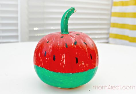 Watermelon Pumpkin Painting, Fruit Pumpkin Painting Ideas, Painted Punkins, Candy Corn Pumpkins, Pumpkin Decorating Party, Emoji Decorations, Pumpkin Emoji, Pumpkin Painting Party, Pumpkin Paintings