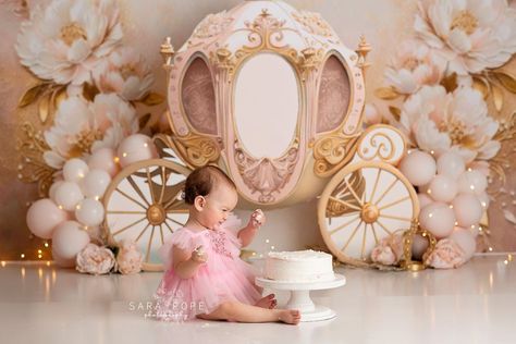 Pink gold princess horse carriage Cinderella carriage floral painted backdrop cake smash first birthday Up Cake Smash, Gold Carriage, Theme Photoshoot, Baby Shower Background, Backdrops Kids, Princess Theme Birthday, Up Cake, Princess Theme Birthday Party, Baby Cake Smash