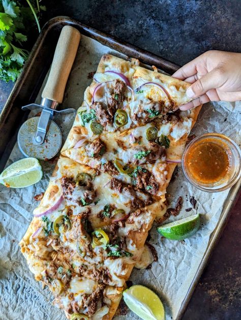 Birria Pizza {Tik Tok Trader Joe's Birria Pizza Recipe}FacebookInstagramPinterestTwitterYouTube Trader Joes Pizza Recipe, Birria Pizza, Beef Birria, Beef Pizza, Cheese Crust Pizza, Trader Joes Recipes, Meat Seasoning, Cooking Pizza, Meals Recipes