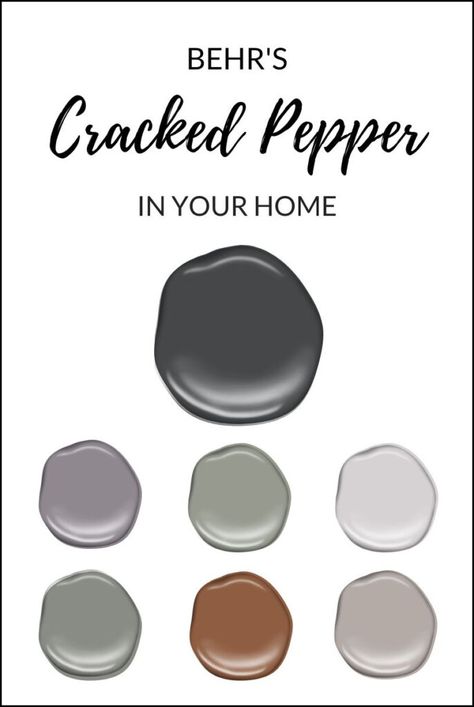 Learn about this popular dark gray - soft black with Kylie M Online paint color expert. See what colors go with this dark shade, as well as where to use it in your home. #coty #behr #black #kyliem Dark Ash Behr Paint, Popular Behr Paint Colors Bedroom, Behr Black Paint For Interior Doors, Dark Pewter Behr Paint, Behr Peppercorn, Behr Dark Colors, Behr Cracked Pepper Color Pallet, Cracked Pepper Behr Exterior, Dark Behr Paint Colors