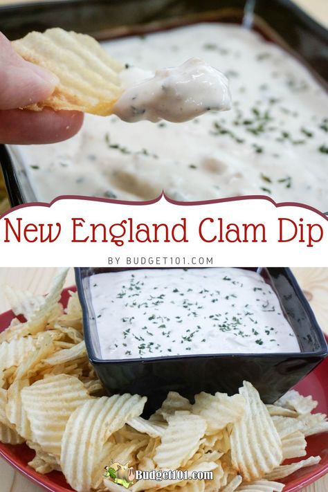 Bowl of New England Clam Dip with parsley and fresh herbs and spices with crispy wavy lays chips Baked Clam Dip Recipe, Baked Clam Dip, Best Ever Clam Dip, Clams Casino Dip, Clam Dip Recipe, Party Food Favorites, Clam Dip, Dirt Cheap Meals, Homemade Chili Powder