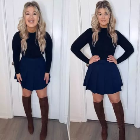 Is this not full Sailor Moon vibes? Love this combo 😍💫✨ #LTKcurves#LTKstyletip#LTKSeasonal Mom Bod Outfits, Skater Skirt Outfit, Ltk Outfits, Blue Skater Skirt, Moon Vibes, Cowgirl Era, Edgy Classic, Mom Bod, Outfits Edgy