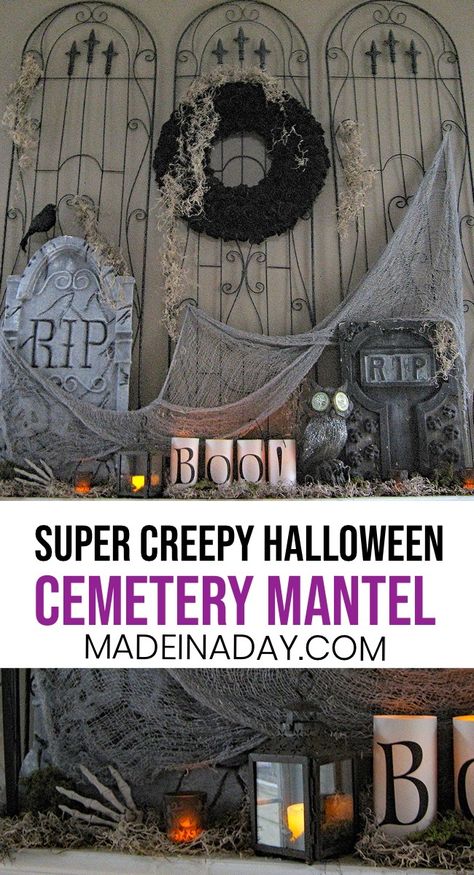 Cemetery Halloween Mantel, Create an indoor cemetery for your next Halloween Party with a garden trellis! Tombstones, solar owl, Halloween party decor #halloween #Halloweenmantel #halloweendecor #halloweendecorating #cemetery Indoor Cemetery Halloween, Halloween Trellis Decorations, Diy Halloween Graveyard, Cemetery Halloween, Halloween Mantel Decor, Owl Halloween, Halloween Graveyard, Halloween Mantel, Halloween Tombstones