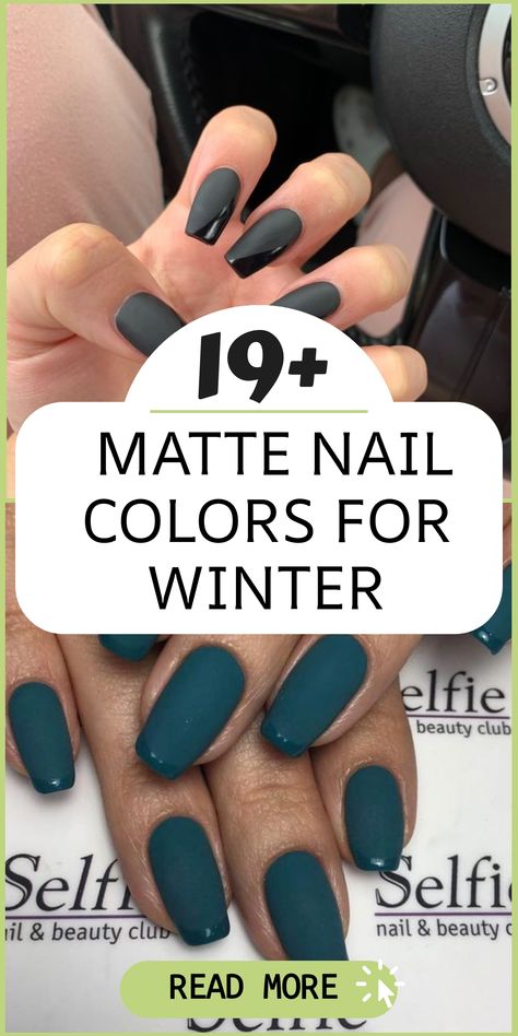 Indulge in the velvety sophistication of matte nail colors this winter season to elevate your manicure with a touch of modern elegance. Opt for a sleek and edgy matte black, or choose a chic and understated matte nude for a sophisticated vibe. For a cool and serene aesthetic, try a deep blue matte shade. These muted hues will take your winter nails to new heights of style, exuding luxury with their matte finish that perfectly captures the quiet beauty of winter. Matt Shellac Nails, Matte And Gloss Nails Design, Matte Nails With Accent Nail, Matt Silver Nails, December Nails Matte, Matte Powder Dip Nails, Matte Dip Nails Short, Matte And Glossy French Tip, Solid Nail Colors Winter