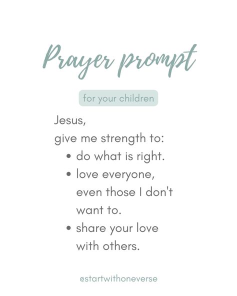 These prayer prompts are little inspirational opportunities to help your child apply scripture to their lives. Download our printable prayer prompt cards, find a special moment with your child and spend 5 minutes in prayer.  Comment "prayer prompts please!' if you want these! Kids Bedtime Prayer, Bedtime Prayers For Kids, Dinner Prayer, Prayer Journal Prompts, Journal Prompts For Kids, Printable Prayers, Bedtime Prayer, Love Everyone, Prayers For Children