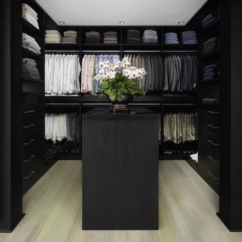 Black Closet Interior, Black Closet Ideas, Black Walk In Closet, Black Wardrobe Closet, Primary Closet, Elfa Closet, Closet Dimensions, Deep Closet, Small Walk In Closet