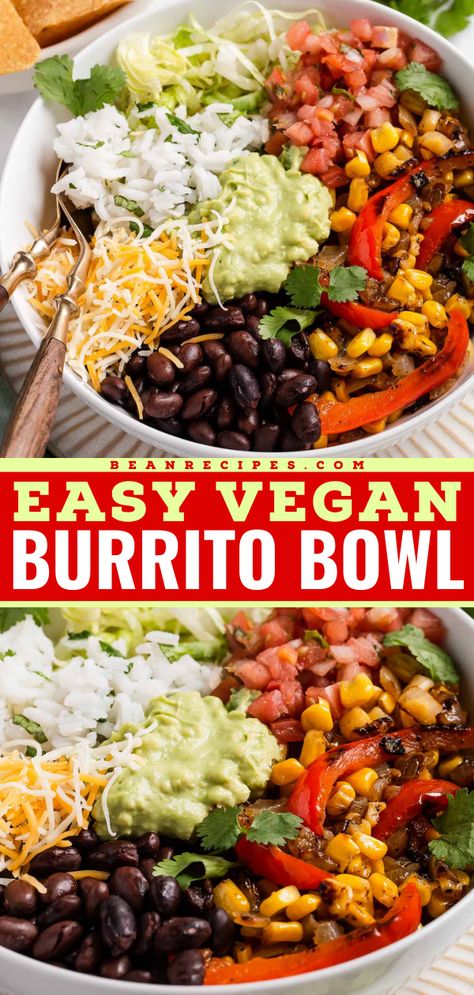 Whip up this vegan burrito recipe! Packed with black beans, rice, and more, this family-friendly dinner is delicious and satisfying. You can even portion this plant-based bowl so you can have easy meals for lunch the whole week! Spicy Black Beans, Vegan Burrito Bowl, Burrito Vegan, Burrito Bowl Recipe, Authentic Mexican Recipes, Vegan Burrito, Vegan Lunch Recipes, Lime Rice, Cilantro Lime Rice