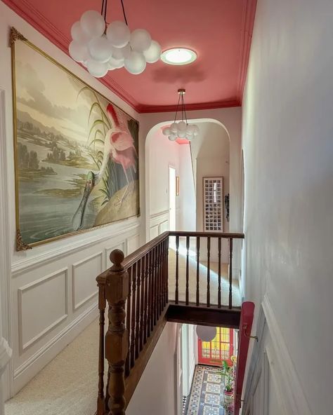 Board And Batten Hallway, Colorful Ceiling, Pink Hallway, Scandinavian Houses, White Hallway, Center Hall Colonial, Attic Room, House Loft, Traditional Houses