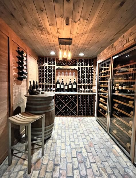 Wine Place Ideas, Wine Cellar Basement Man Caves, Simple Wine Cellar, Farmhouse Wine Cellar, Wine Cellar Lighting Ideas, Bloxburg Wine Cellar, Basement Wine Cellar Ideas, Wine Making Room, Wine Room Ideas In House