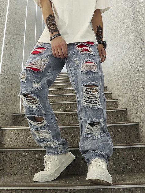 Y2k Jeans Men, Crazy Jeans, Light Blue Party, Blue Jeans Outfit Men, Distressed Jeans Outfit, Denim Diy Clothes, Ripped Jeans Style, Ripped Jeans Outfit, Jeans Outfit Men