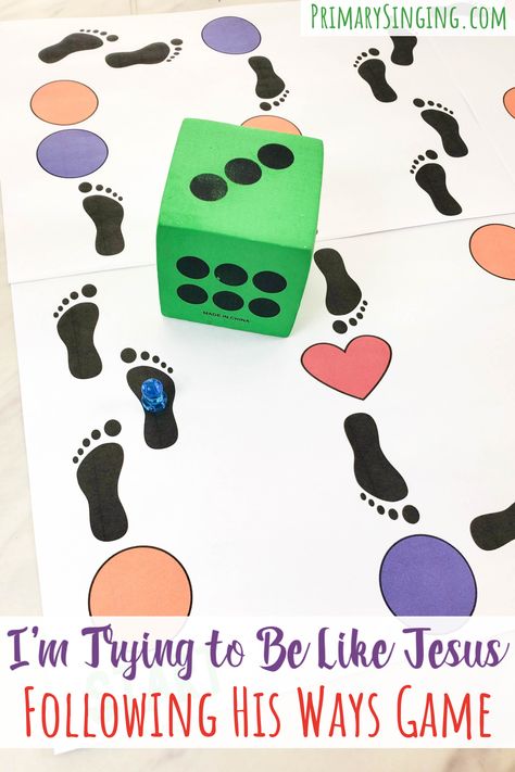 I'm Trying to Be Like Jesus Following in His Ways Board Game - A fun and unique way to teach this song in singing time or a fun game to play at home for Come Follow Me! Printable game for LDS Primary music Leaders. I'm Trying To Be Like Jesus Singing Time, I’m Trying To Be Like Jesus Singing Time, Lds Primary Games, Be Like Jesus, Lds Primary Singing Time, Primary Games, Jesus Printable, Lds Primary Lesson Helps, Sunday School Games