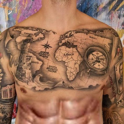 Map Chest Tattoo, Map Tattoos, Nautical Tattoo, Jesus Tattoo, Chest Tattoo Men, Pirate Life, Chest Tattoo, Compass Tattoo, Back Tattoo