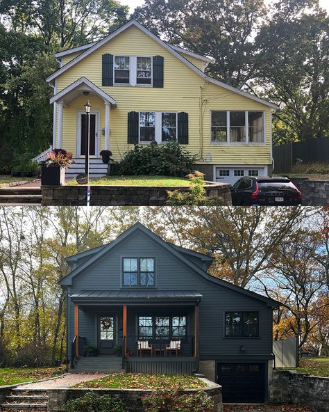 Gray Home Exterior, James Hardie Siding Colors, Sunroom Windows, Grey Siding, James Hardie Siding, 1960s House, Hardie Siding, Airbnb Decor, House Flip