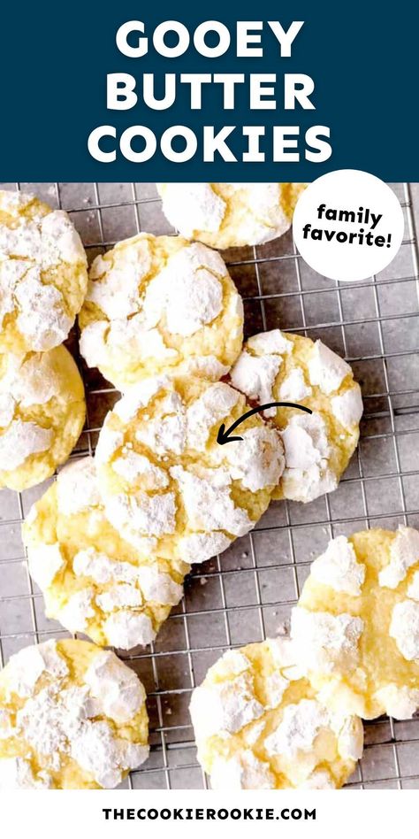 These Gooey Butter Cookies are sweet, soft, and melt-in-your-mouth delicious. Made from scratch with cream cheese and powdered sugar, they’re perfect for any occasion. Try them for Christmas this year! Pop over to our site for the recipe! Gooey Butter Cake Cookies, Gooey Butter Cookies Recipe, Butter Cake Cookies, Butter Cookies Easy, Gooey Butter Cookies, Gooey Butter, Spiced Butter, Butter Cookie Recipe, The Cookie Rookie