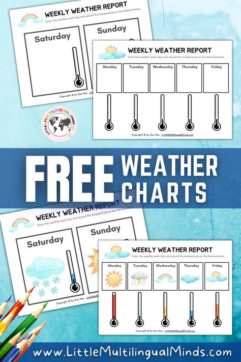 Allow the children to explore the various sorts of weather on our chart. This Weather Pack includes Posters/Wall Arts with 4 different designs, 1 Weekly Weather Report, and 1 Weather Chart. They are perfect for introducing basic weather conditions to your little kids. I also share with you some fun ways to play and teach the weather to your kids in this blog post. Weather Chart For Preschool, Weather Report For Kids, Weather Chart Printable, Fun Activities For Preschool, Preschool Weather Chart, Chart For Preschool, Weather Charts, Learning Weather, Preschool Weather