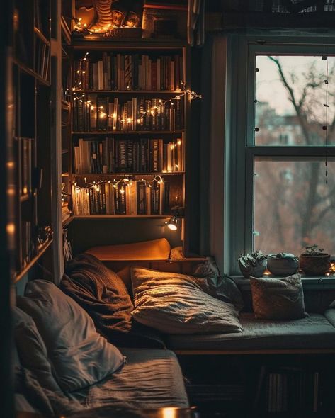 This reading nook, complete with a fairy light, can create a cozy and enchanting atmosphere. The soft glow of the fairy lights adds a touch of magic to the space, making it the perfect spot to curl up with a good book and escape into another world. Fairy lights from @cozywonderspots Art Bedroom Aesthetic, Cozy Core, Comfy Room, Bookworm Aesthetic, Cozy Home Library, Things To Create, Window Views, Cozy Rooms, Nook Decor