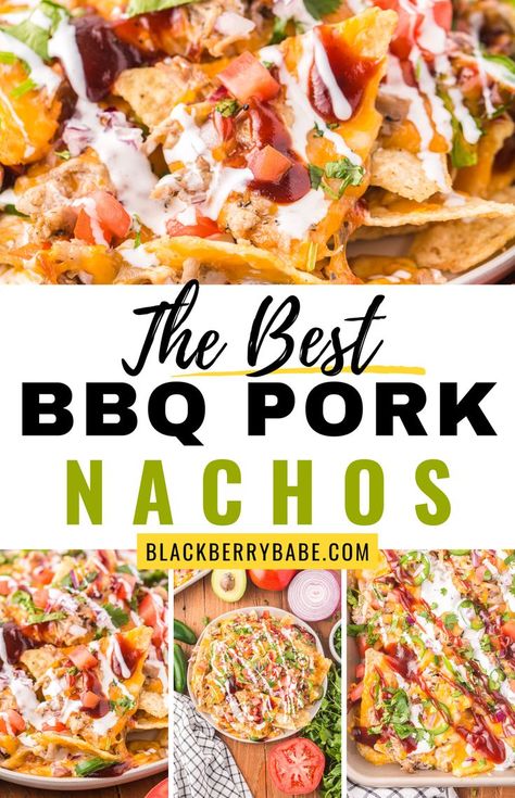 a collage of photos of pork nachos Bbq Nachos Recipe Pulled Pork, Bbq Pork Nachos, Bbq Nachos Recipe, Pulled Pork Nachos Recipe, Pork Nachos Recipe, Loaded Nachos Recipe, Bbq Nachos, Leftover Pulled Pork, Pulled Pork Nachos