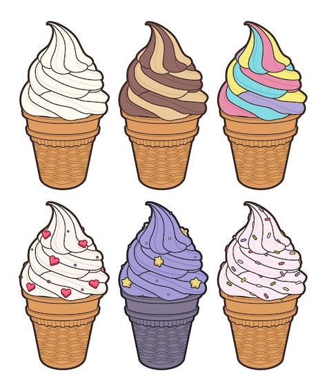 Soft Serve Illustration, Soft Serve Ice Cream Illustration, Cute Ice Cream Illustration, Ice Cream Kartun, Ice Cream Cartoon Images, Ice Cream Cone Drawing, Cartoon Bees, Different Ice Cream Flavors, Ice Cream World