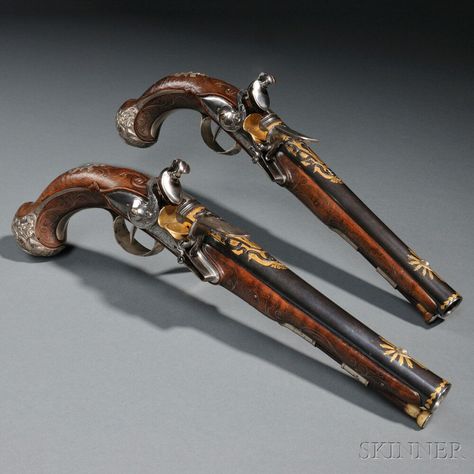 Pair of Silver-mounted Wilson Flintlock Pistols last quarter 18th century Arte Fantasy, 18th Century, Fantasy Art, Concept Art, Auction, Wood, Gold, Design, Art