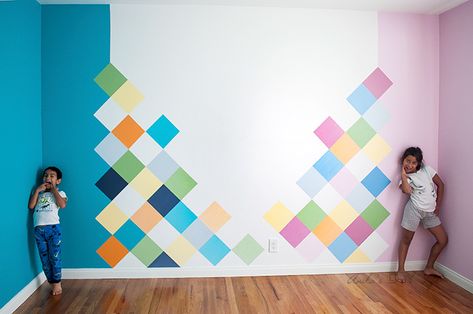 how to create a fun colorful geometric accent wall Colorful Accent Wall, Boy And Girl Shared Room, Geometric Wall Paint, Wall Paint Patterns, Creative Wall Painting, Diy Wall Painting, Accent Wall Paint, Room Wall Painting, Interior Wall Paint