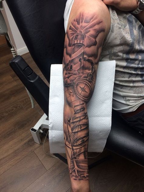 Lighthouse Boat Tattoo, Lighthouse Forearm Tattoo, Mens Lighthouse Tattoo, Lighthouse Sleeve Tattoo, Boat Tattoo Men, Ship And Lighthouse Tattoo, Lighthouse Tattoo Men, Rhys Tattoo, Sea Tattoo Sleeve