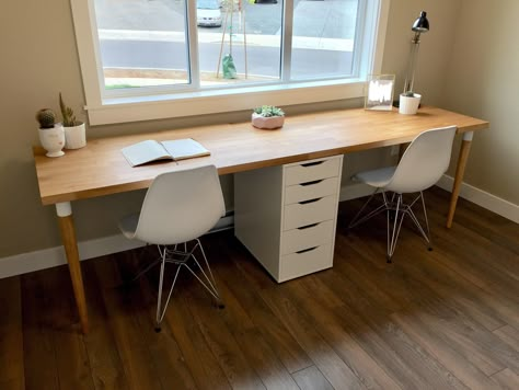 https://www.apartmenttherapy.com/best-ikea-hacks-reddit-30823052?utm_source=at_daily Double Corner Desk, Ikea Countertop Desk, Ikea Double Desk, Workbench Desk, 2 Person Desk, Divider Shelves, Countertop Desk, Ikea Desk Hack, Desk Hacks