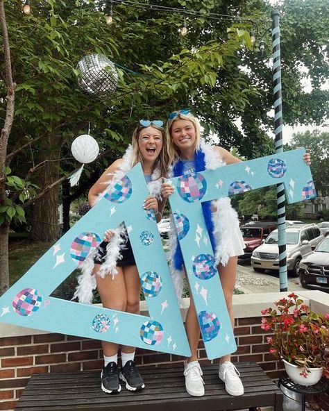 Disco Sorority Letters, Greek Letters Painted Sorority, Sorority Letters Painted Ideas, Mamma Mia Bid Day, Semi Formal Themes, Big Little Outfits, Bid Day Decor, Greek Letters Painted, Sorority Letters Painted