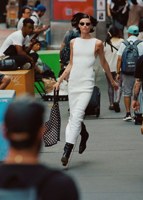 A sleek, sculpted knit dress framed by a bateau neckline and elongated armholes. Designed to hit at the ankle, with a notched back. Slips on. Campaign Fashion, Vogue Spain, All White Outfit, Bateau Neckline, Oliver Peoples, Minimal Fashion, New York Fashion, Editorial Fashion, Knit Dress