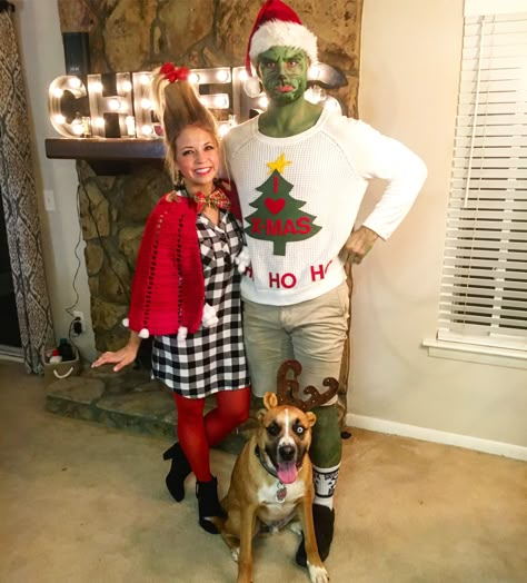 The Grinch costume and Cindy Lou Who costume #DIY #grinch #cindylouwho #max The Grinch Costume, Whoville Costumes, Cindy Lou Who Costume, Who Costume, Grinch Costume, Grinch Halloween, Diy Grinch, Funny Christmas Outfits, Grinch Costumes