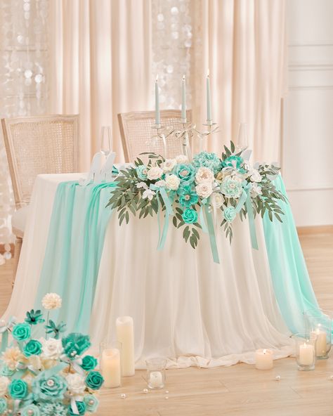 Natural flowers cannot have such a pure Teal Green color, but we provide you with artificial flowers to create your dream wedding arrangement. ��😍
😮View the full range in our profile link - Teal Green & Champagne.✨ Teal And White Wedding Decorations, Dusty Light Teal Wedding, Aqua And Beige Wedding, Aqua Blue Wedding Decorations, Teal Wedding Ideas Turquoise, Chanpagne And Turquesa Tables, Light Teal Wedding, Teal Gold Wedding, Teal Wedding Theme