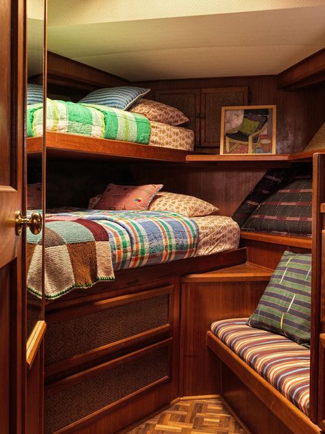 A Motorboat as Cozy as a Woodland Cabin - The New York Times Hook Line And Sinker, Boat Interior Design, Boat House Interior, Yacht Interior, Boat Interior, St Croix, Bunk Room, Motor Boats, Dream Rooms