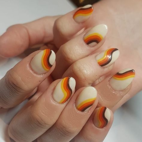 Rosie Lynall | Nail artist on Instagram: “70s wallpaper 〰️ PLEASE swipe for the before! All colours used are by @the_gelbottle_inc using @apresnailofficial to extend as always! . .…” 70s Nails, Opi Shades, Spooky Nail, Swirl Nail, Orange Nail Art, 70s Wallpaper, Hang Nguyen, Swirl Nail Art, Nail Design Glitter