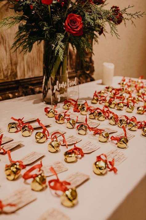 Jingle Bell Place Card Holder, Burgundy And Gold Christmas Wedding, December 1st Wedding, Christmas Wedding Background, Classy Christmas Wedding Decor, Christmas Wedding Gift Table, White And Gold Christmas Wedding, Red And Gold Christmas Wedding, Winter Wedding Styling