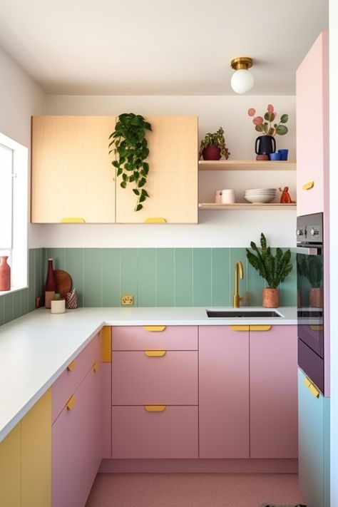 Pink Pastel Kitchen, Home Decor Pastel Colors, Multi Coloured Kitchen, Colour Pop Kitchen, Cute Kitchen Cabinets, Playful Kitchen Design, Happy Kitchen Ideas, Yellow Pink Kitchen, Pastel Kitchen Design