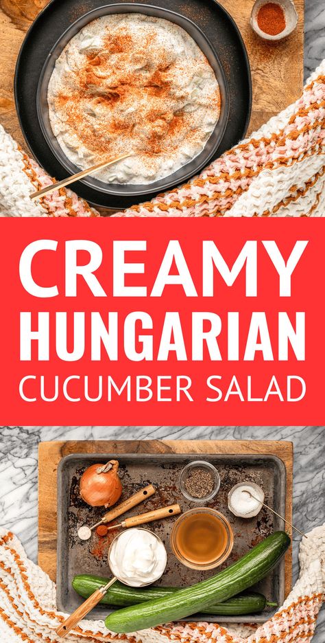 Hungarian Cucumber Salad With Sour Cream (Tejfölös Uborkasaláta) -- This refreshing creamy cucumber salad with sour cream has been making an appearance on our dinner table for as long as I can remember. Hungarian cucumber salad is a versatile side that pairs well with just about any main dish! | creamy cucumber and onion salad | how to make cucumber salad | how to make sour cream salad dressing | sour cream cucumbers | cucumbers and sour cream Cucumbers And Sour Cream, Sour Cream Salad, Cream Salad Dressing, Hungarian Cucumber Salad, Creamed Cucumber Salad, Salad With Sour Cream, German Salads, Hungarian Dishes, Cream Salad