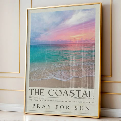 The Coastal Beachy Summer Print Vintage Newspaper Wall Art, Pray For Sun Poster, Coastal Ocean Inspired Sunset Magazine, Dorm Wall Decor by VenusArtPosters on Etsy Gcu Apartment, Wall Prints Dorm, Chic Posters, Beach House Poster, Newspaper Wall Art, Magazine Wall Art, Sunset Decor, Newspaper Wall, Beachy Art