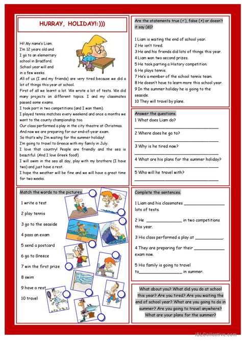 Hurray, Holiday!:)) reading for deta…: English ESL worksheets pdf & doc Holiday Homework, Esl Reading, Holiday Worksheets, Summer Plans, End Of School Year, End Of School, Esl Worksheets, Homework, Reading Comprehension