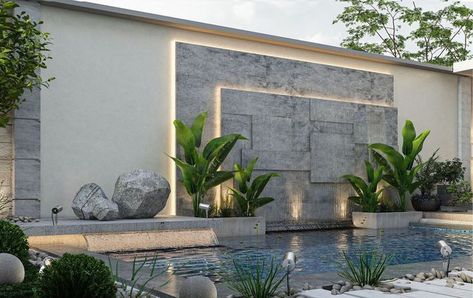 Cyprus House, Kolam Koi, Outdoor Waterfalls, Compound Wall Design, Terrace Garden Design, Modern Backyard Landscaping, Pool Landscape Design, Courtyard Design, Waterfall Wall