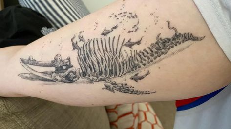 Ocean Skeleton Tattoo, Marine Bio Tattoo, Whale Tattoo Back, Marine Biology Tattoo Ideas, Whale Back Tattoo, Coelacanth Tattoo, Whale Skeleton Tattoo, Pacific Rim Tattoo, Florence Core