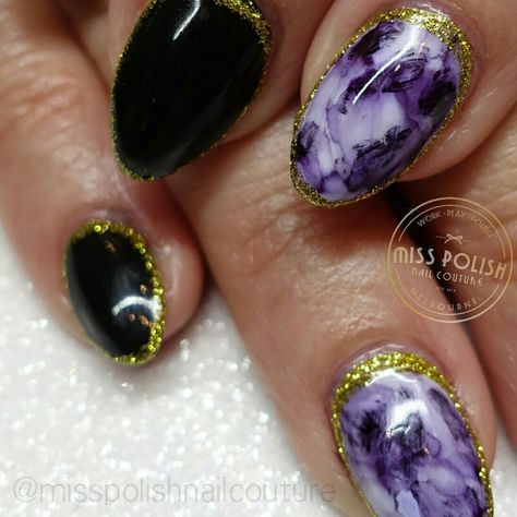 Nail art. Nails. Marble nails. Marble art. Black nails. Purple nails. Gel polish. Gel polish art. Almond nails. Hard gel. Miss Polish Nail Couture. Black And Purple Marble Nails, Purple Nails Gel, Nail Designs Summer Neon, Nails Hard Gel, Gel Art Designs, Black Marble Nails, Nails Marble, Nails Gel Polish, Nails Purple