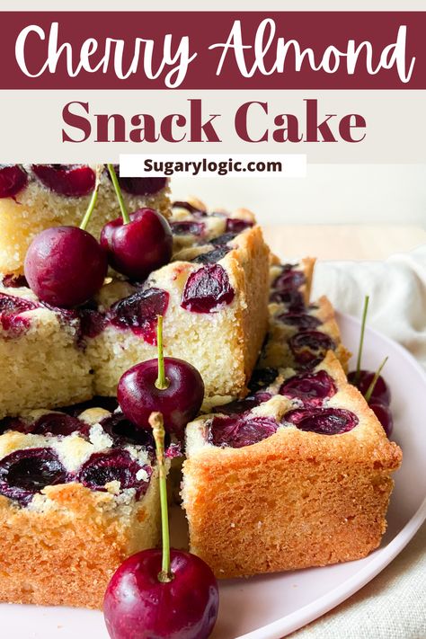 This Cherry Almond Snack Cake has a lovely almond flavor and delicate crumb. This recipe uses fresh cherries, which are in every tender bite! Quick And Easy Cake Recipes, Recipes Using Almond Flour, Cherry Snacks, Almond Frosting, Almond Snack, Cherry Cake, Cherry Almond, Cherry Recipes, Almond Flavor